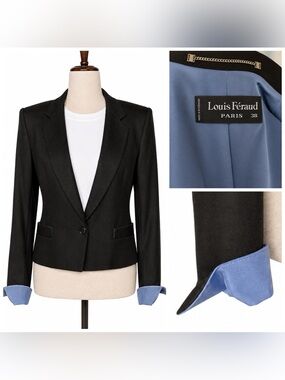 Louis Feraud Black Women's Tailored Blazer with pointed blue cuffs.
